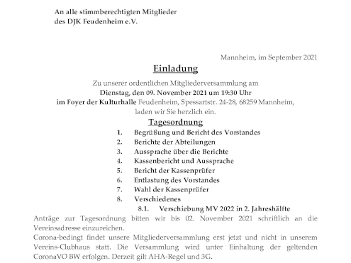 Einladung zur ordentlichen Mitgliederversammlung 2021