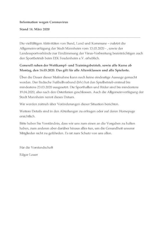 Information wegen Coronavirus